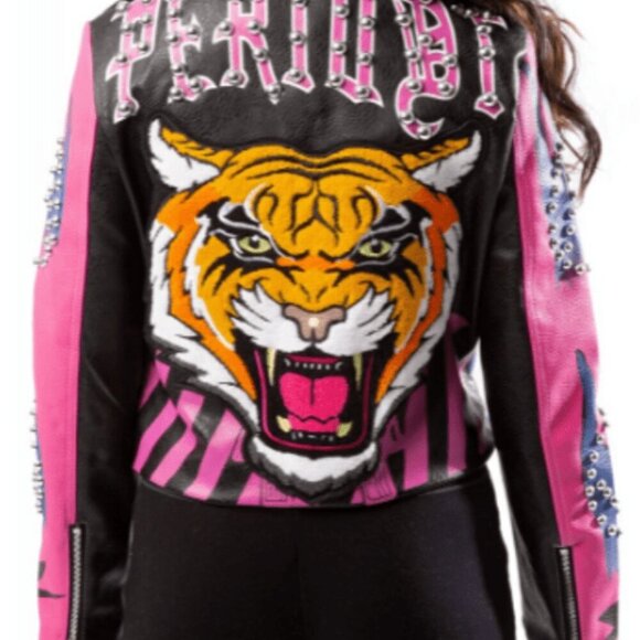 𝙍𝘼𝙍𝙀 AZALEA WANG "TIGER BITES NEVER HEAL" Size: 3X PATCH WORK MOTO JACKET - Picture 2 of 3